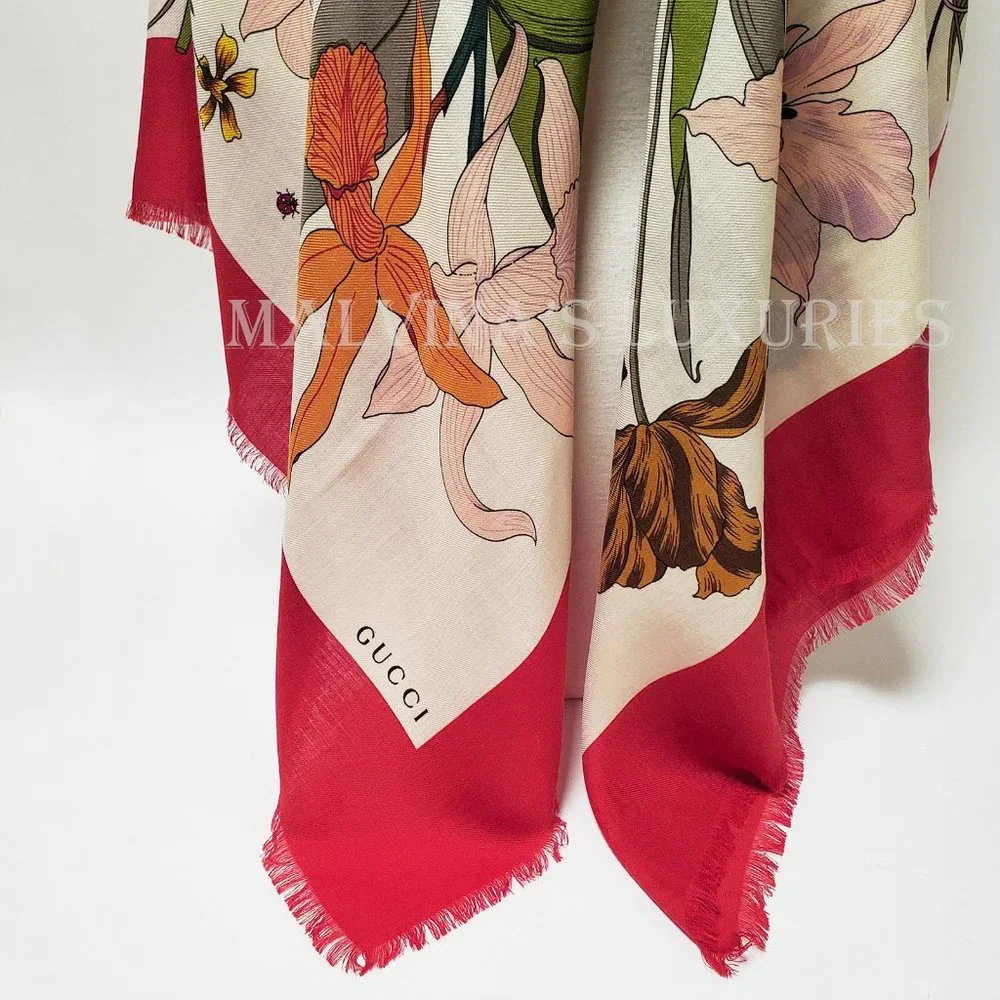 GUCCI SCARF MISS FLORA PRINT SHAWL WOOL SILK PINK BORDER SQUARE sz 55" - Picture 4 of 13